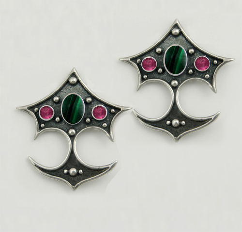 Sterling Silver Gothic Drop Dangle Earrings With Malachite And Pink Tourmaline